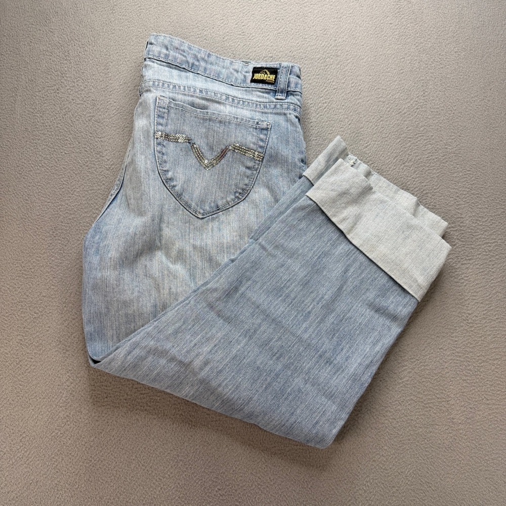 Jordache Premium Capri Jeans Womens 12 Blue Faded Denim Stretch Cuffed Y2K Style